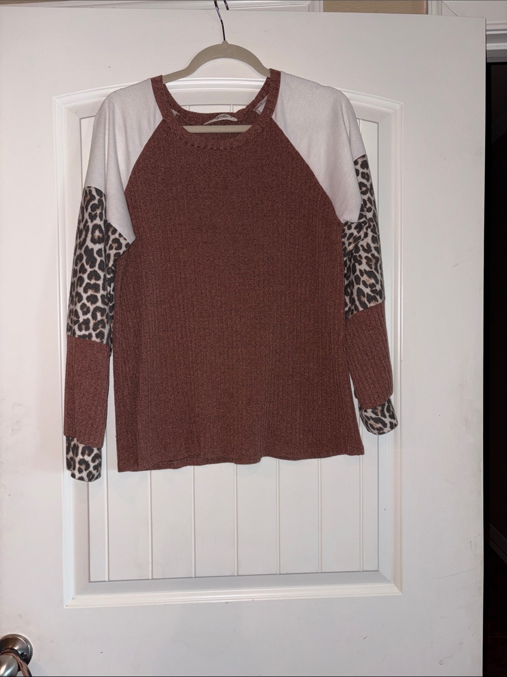 Brown Leopard-Accent Raglan Knit Pullover